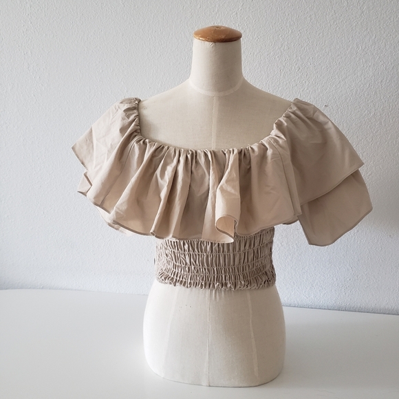 SELF-PORTRAIT- Ruffle Off Shoulder Cotton Poplin Top - Picture 3 of 15